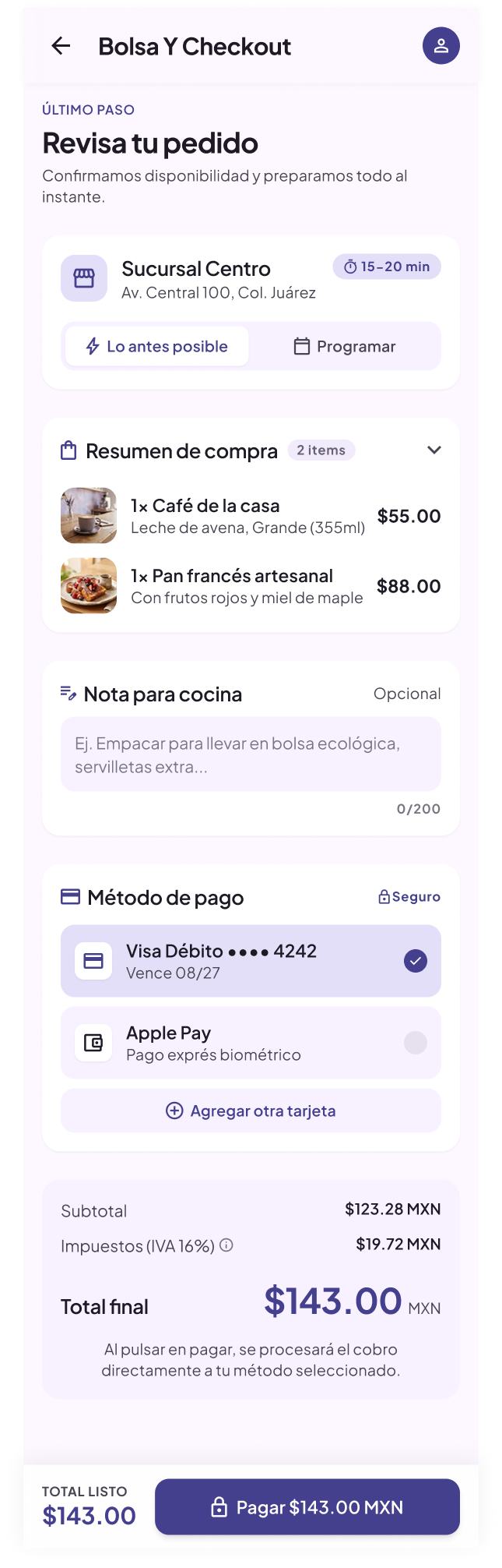 Pantalla de Checkout y pago de Ritual Café y Cocina