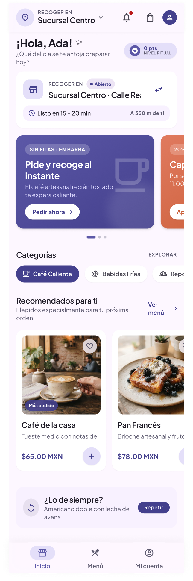 Pantalla de Inicio de Ritual Café y Cocina