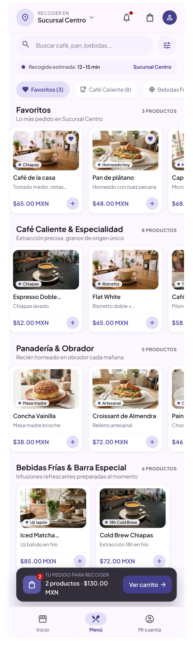 Pantalla de Menú de Ritual Café y Cocina